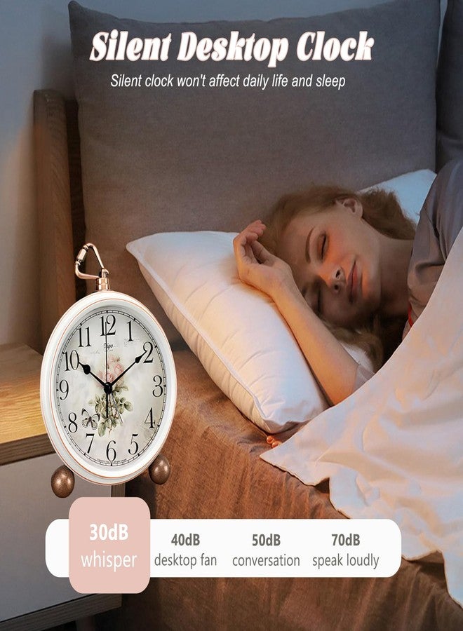 JUSTUP ساعة طاولة JUSTUP بتصميم كلاسيكي، ساعة منبه عتيقة الطراز مستوحاة من الريف الأمريكي، ساعة مكتب صامتة مبتكرة، ساعة ديكور للمكتب والرف، ساعة سطح المكتب لغرفة النوم بجانب السرير (أبيض) - Image 4